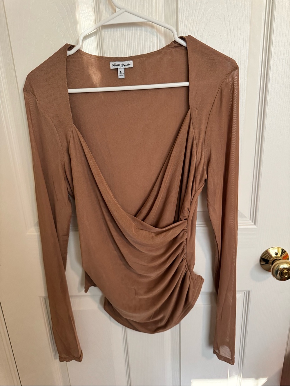 white birch Draped Wrap Long Sleeve Top in Brown